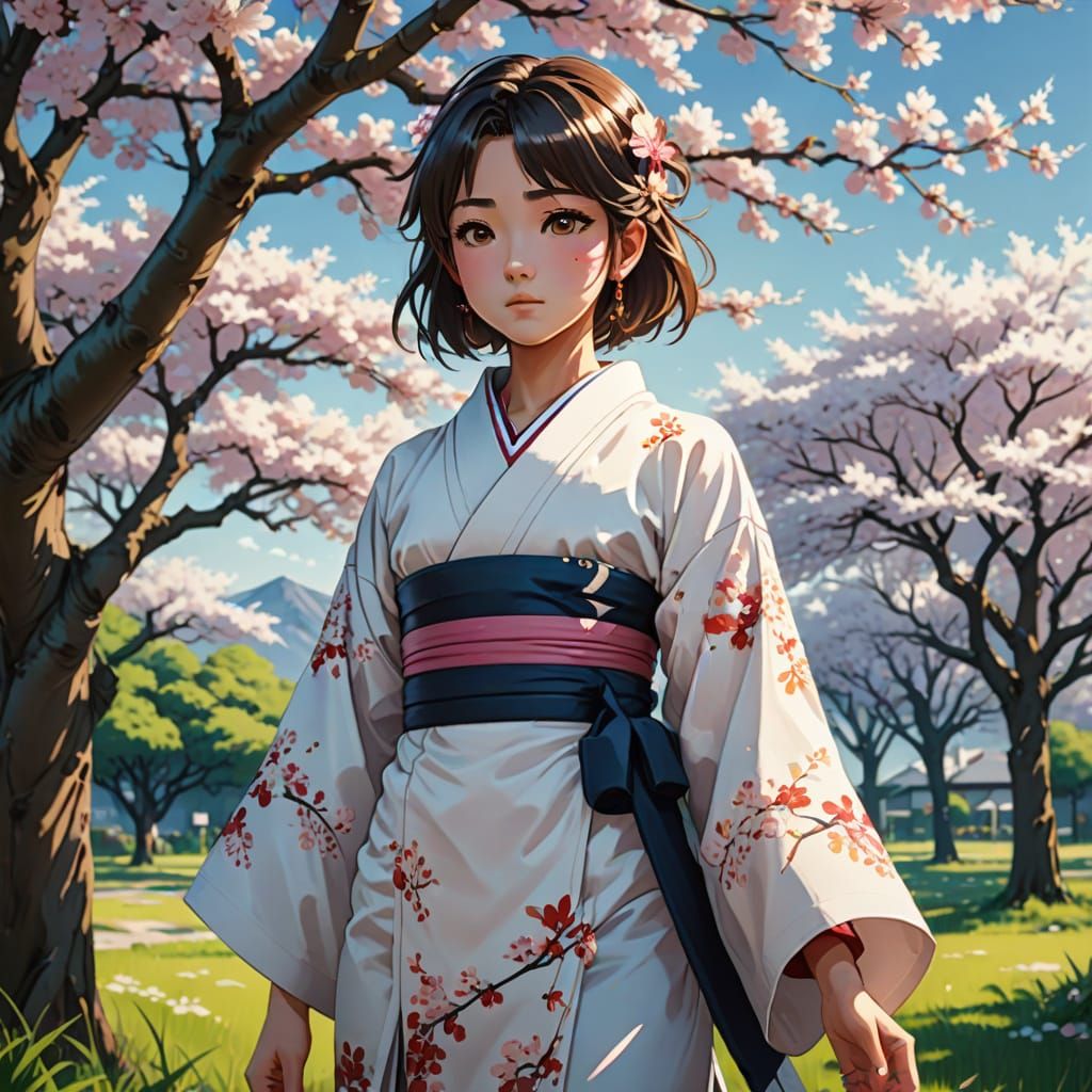 Vibrant Cherry Blossom Scene in Anime Style