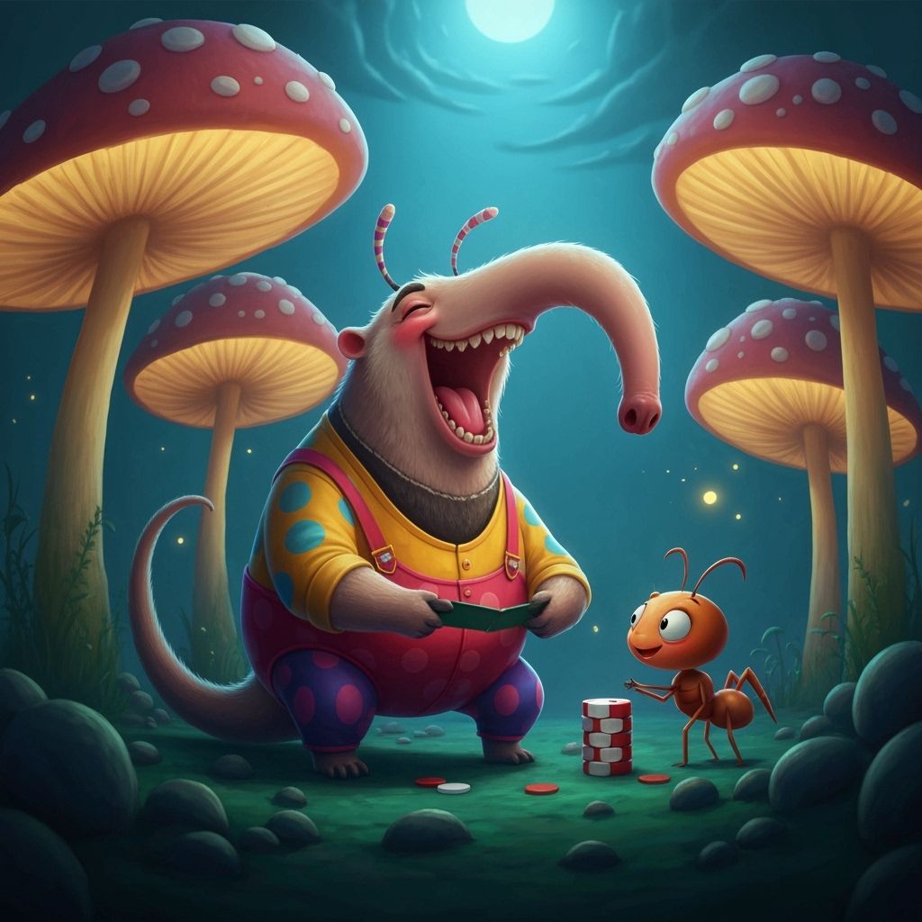 Anteater and Ant Play Poker Under Glowing Toadstools