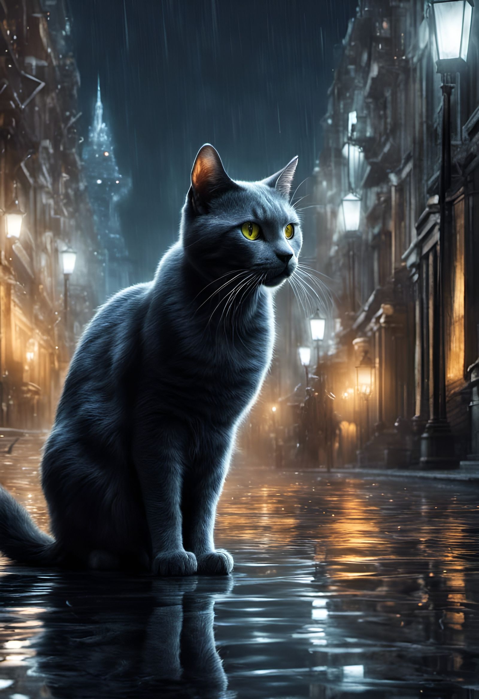 Eerie Cat in Gray City at Night