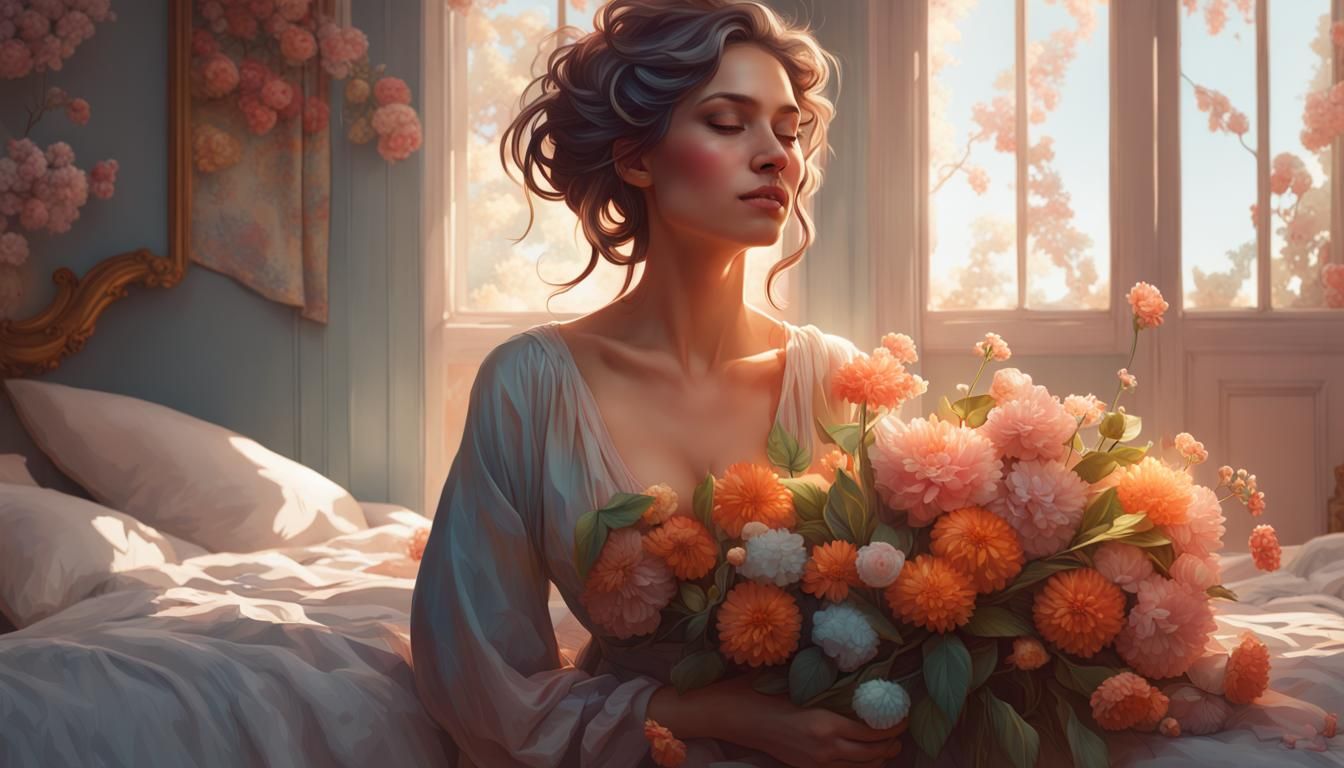 Woman with Flowers Portrait in Hyperdetailed Style