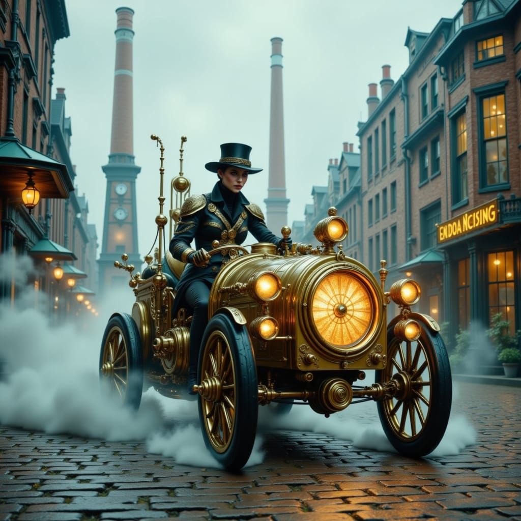 Steampunk Automaton Car Races Through Victorian Cityscape