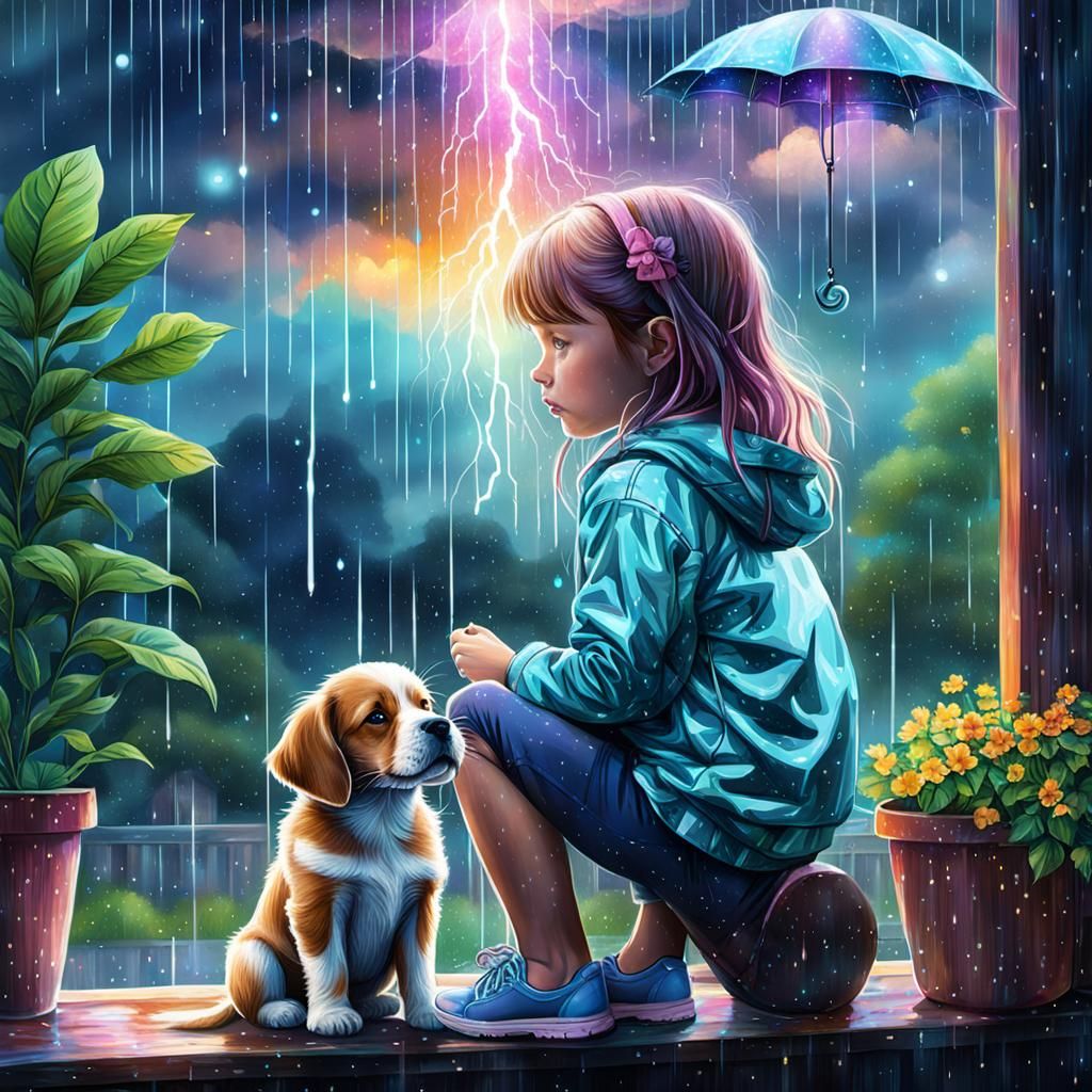 Girl and Puppy Watch Summer Rain: Cosmic Illustration