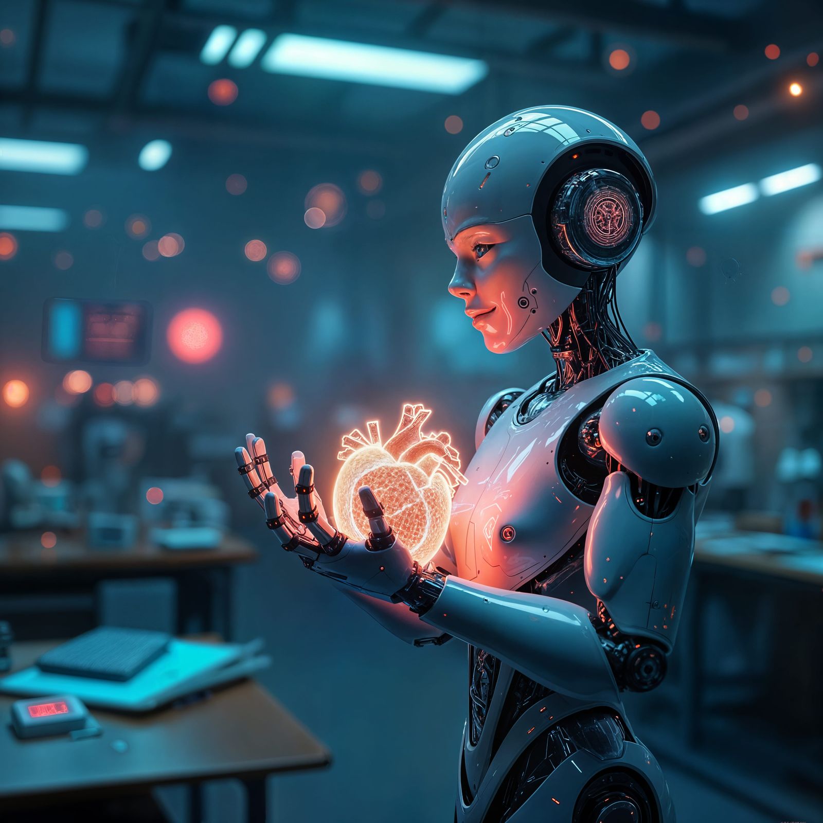 Sleek Cyberpunk Robot in Futuristic Laboratory with Glowing....