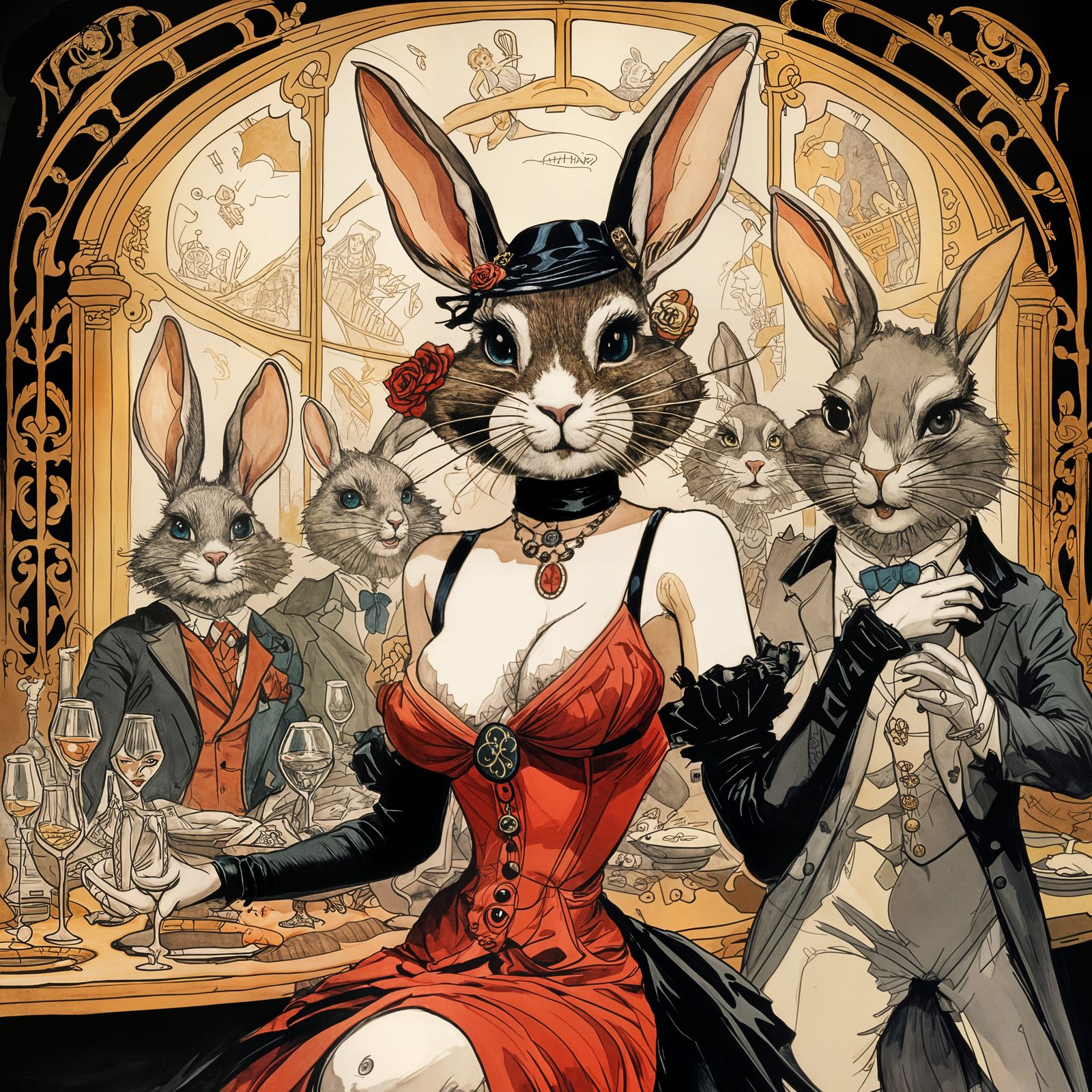 Anthropomorphic Rabbit Femme Fatale in Watercolor Style