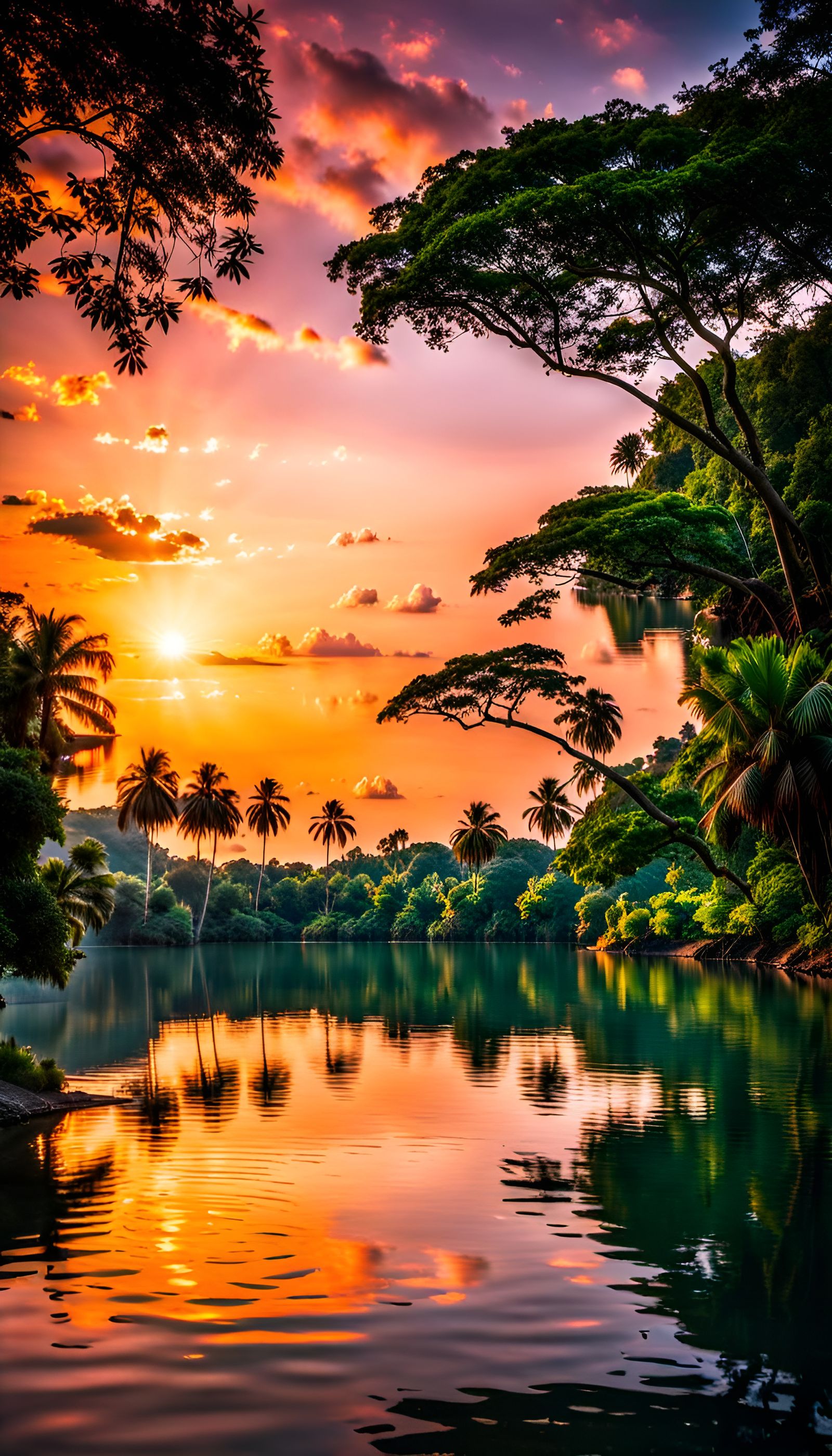 Vibrant Jungle Sunset Reflected in Lake