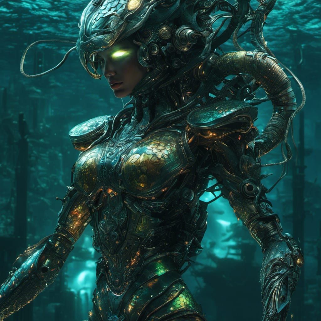 Cyberpunk Robotic Mermaid Underwater: Hyperrealistic Photogr...