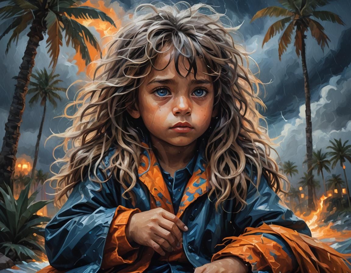 Child and Magical Animal in Storm, Surreal Illustration