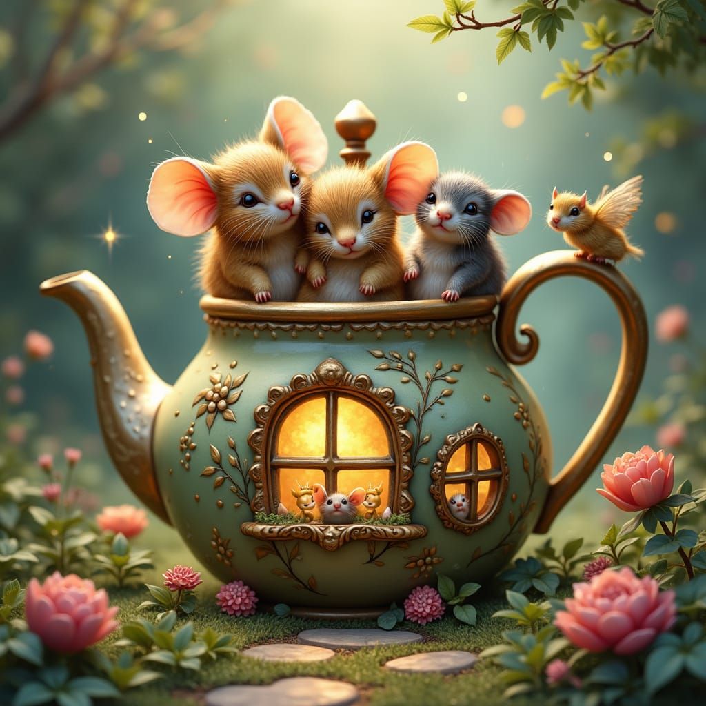 Mouse Family in a teapot house