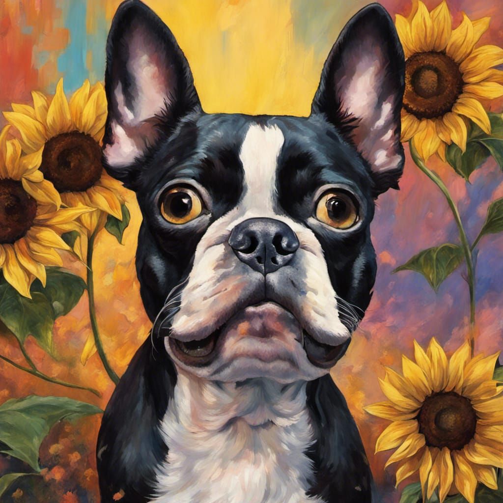 Boston Terrier Portrait with Sunflowers in Splash Art