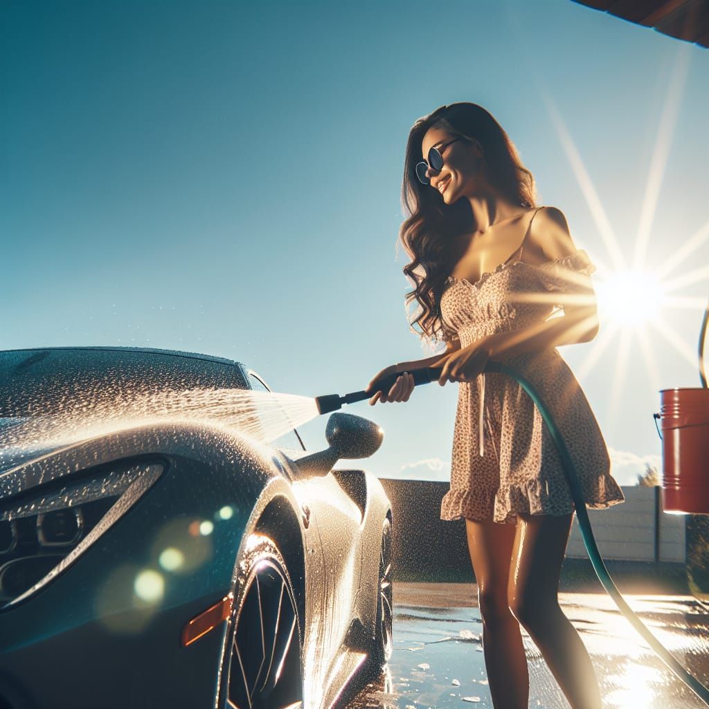 Woman Washing Car on Sunny Day