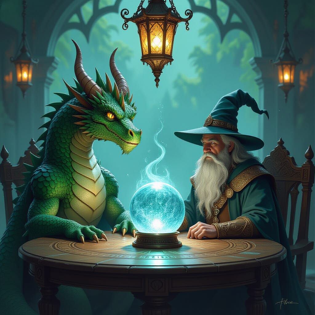 Dragon and Wizard Discussing Future in Oil Painting Style
