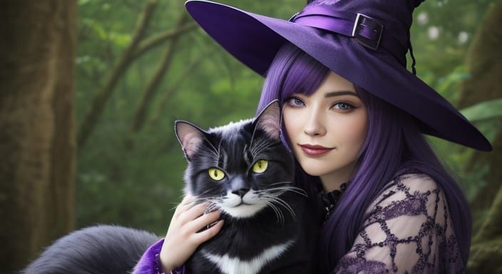 purple haired witch holding a cat