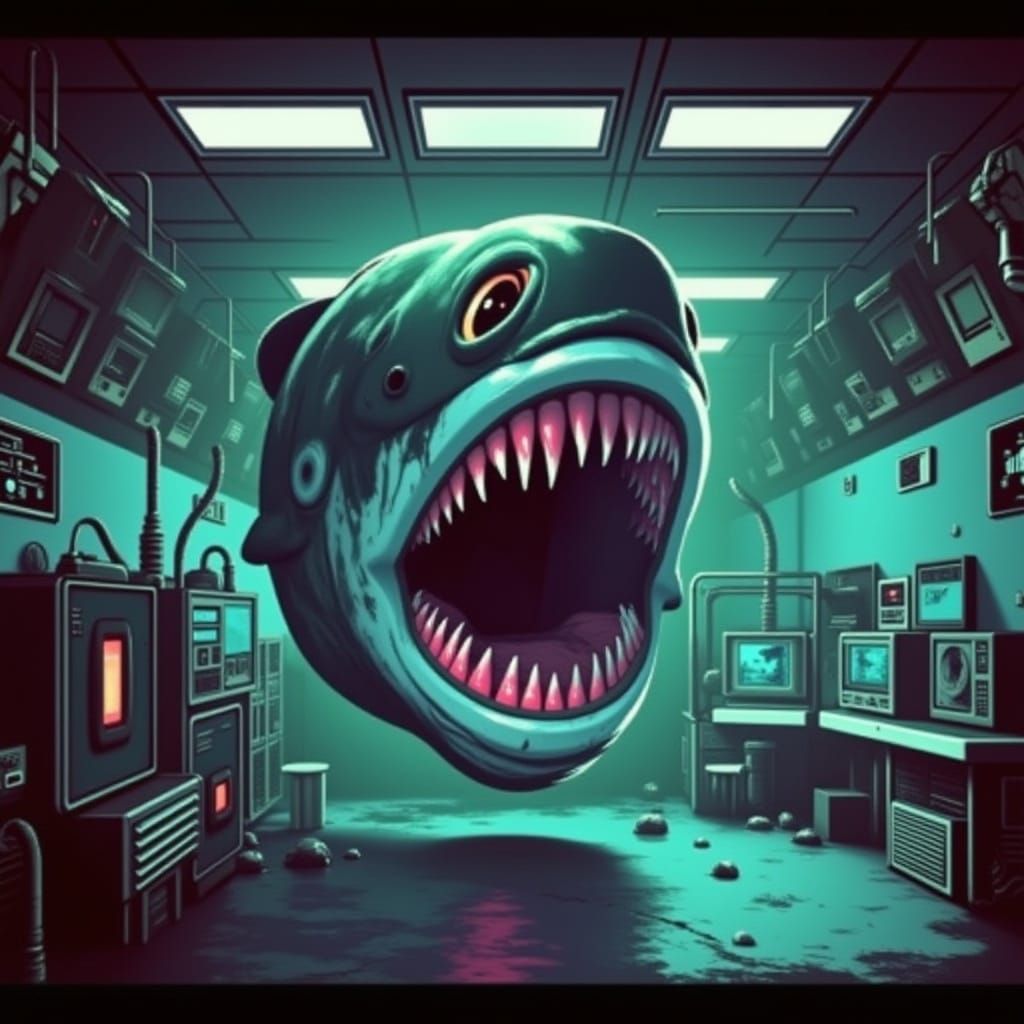 Giant Fish Head in Retro Underwater Lab