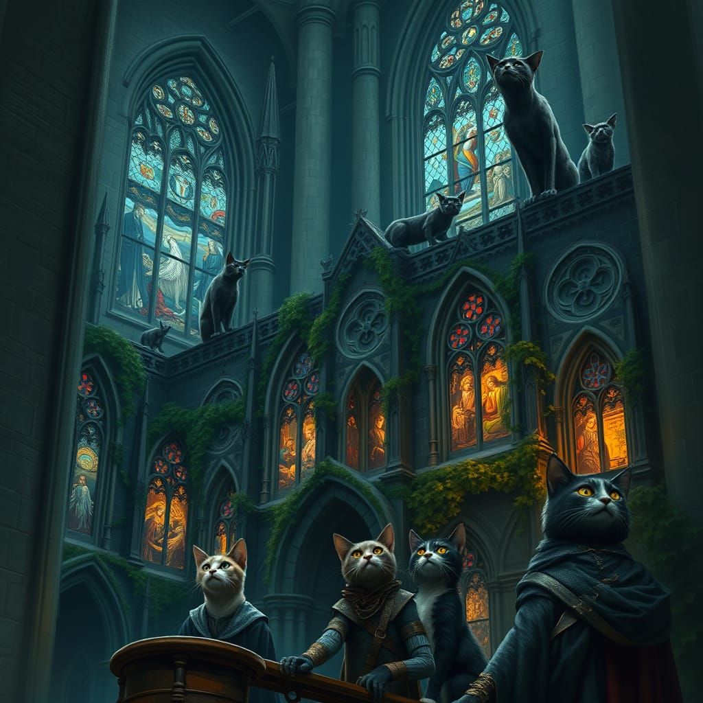 Gothic Cathedral Inhabited by Cats in Dark Fantasy Style