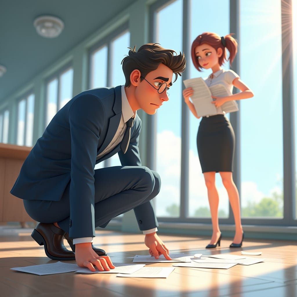 Anime Man Picking Up Papers in 3D Style