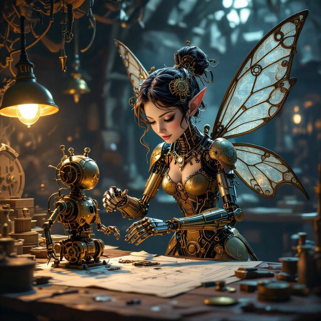 Steampunk Mechanical Fairy Repairs Automaton in Workshop