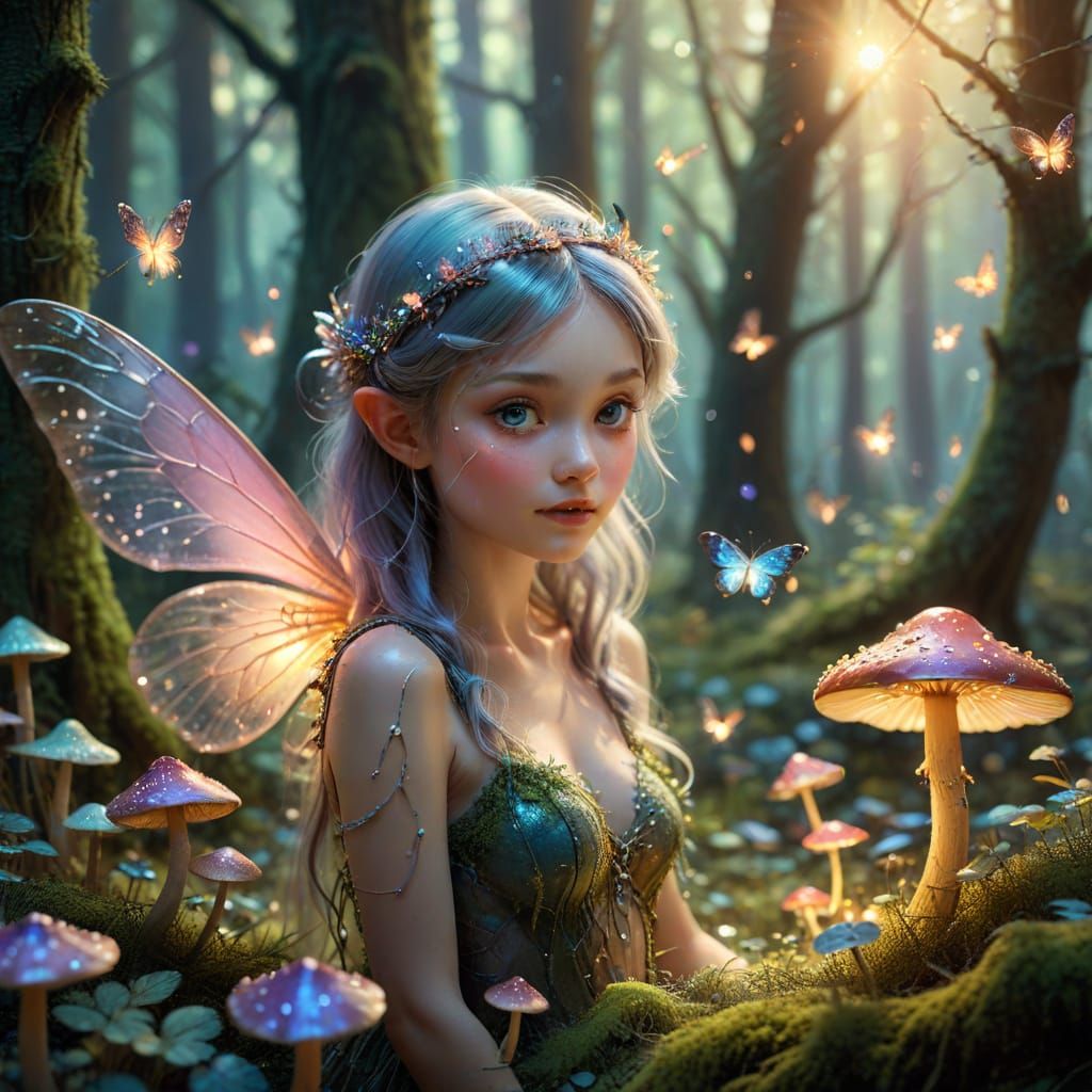Fairy in Mushroom Grove with Iridescent Wings