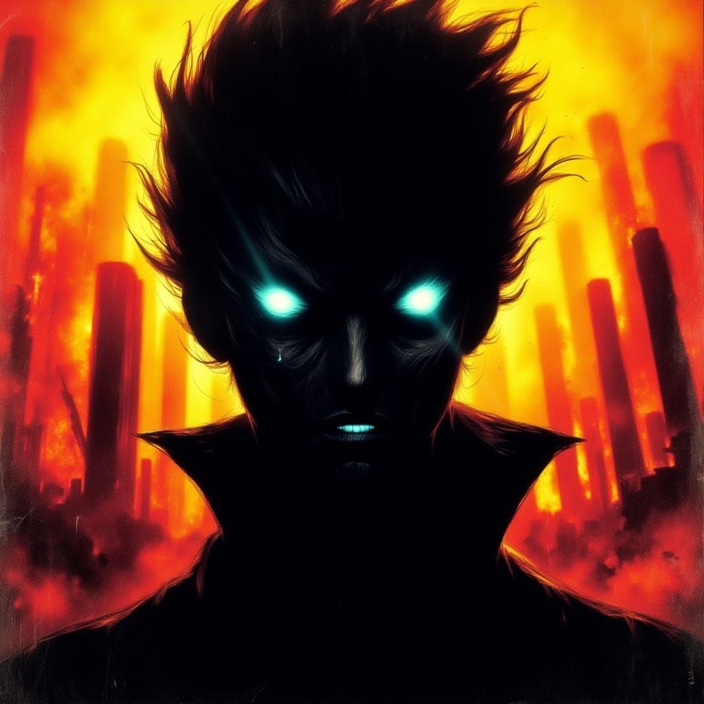 Silhouette Villain with Fiery Eyes, Dystopian Anime Style
