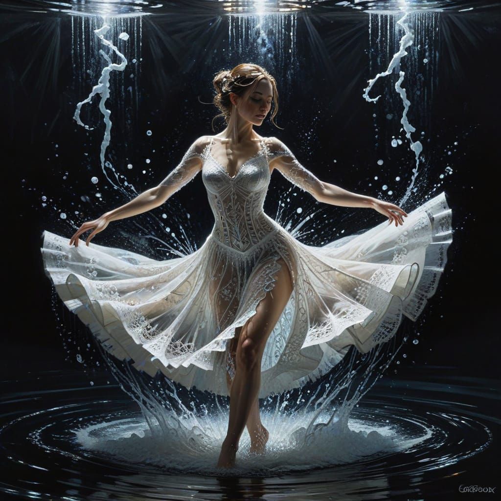 Ethereal Ballerina Twirls on Glassy Water in Sparkling White...