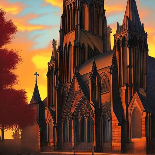 Gothic Church Sunset in Comic Book Art Style