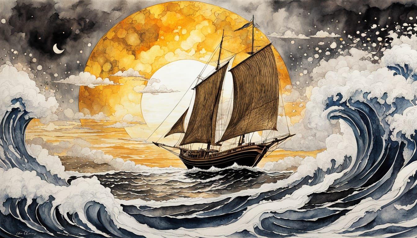 Sailboat Battling Waves in Golden Hour Light