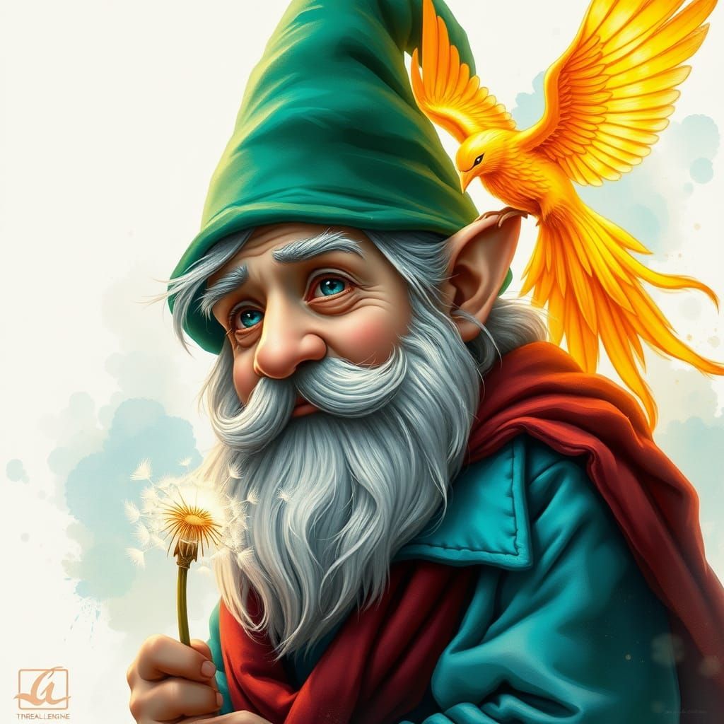 Gnome in Whimsical Landscape with Phoenix