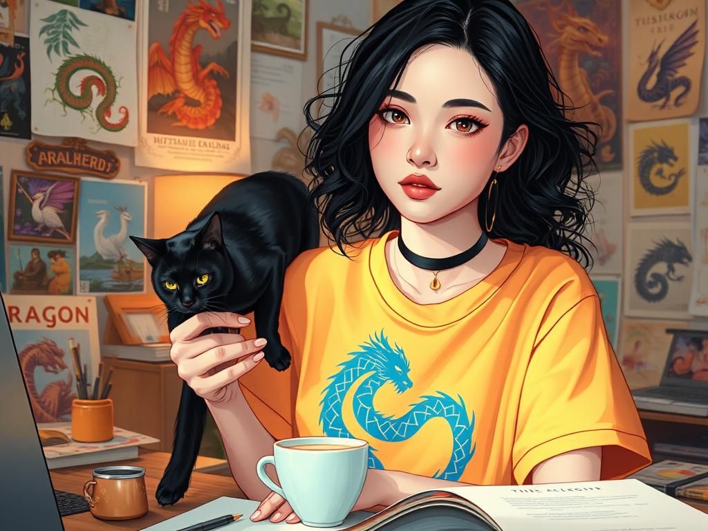 Woman at Desk with Cat, in Nguyen Style