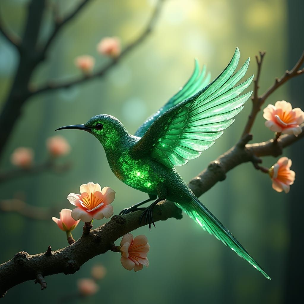 Emerald Crystal Bird on Flowery Branch in Digital Art Style