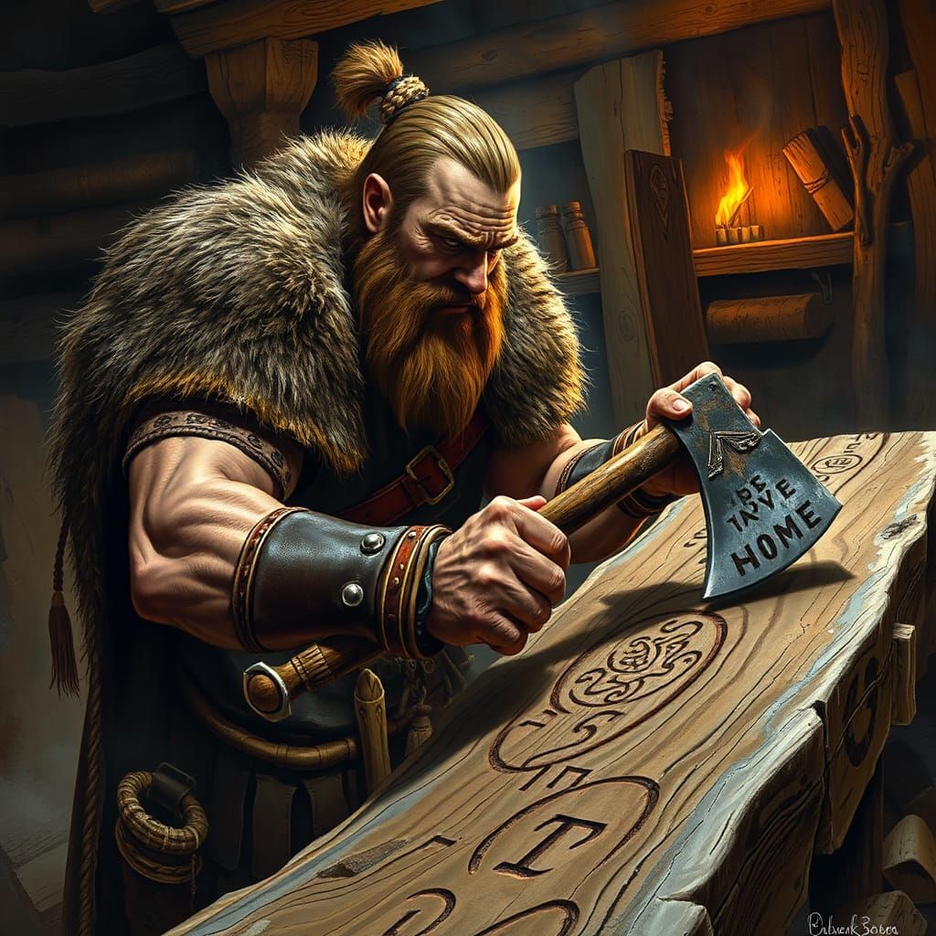Viking Carving Runes in a Rustic Workshop