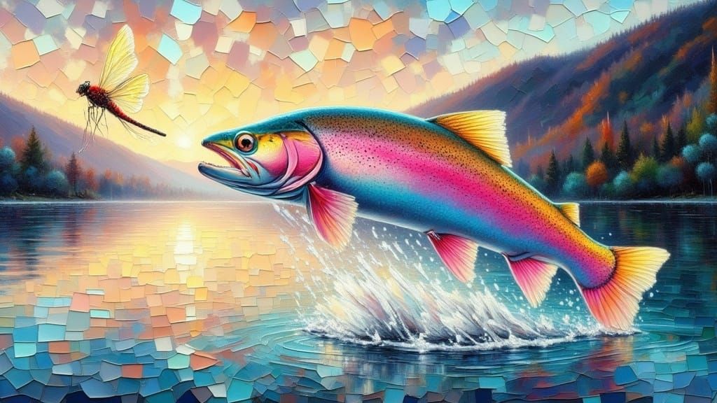 Rainbow Trout Leaping at Sunrise, Impressionist Style