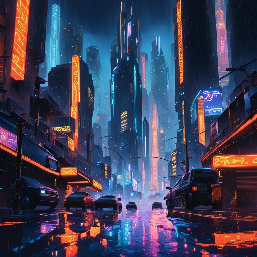 Cyberpunk Cityscape at Night in Neon Noir Style