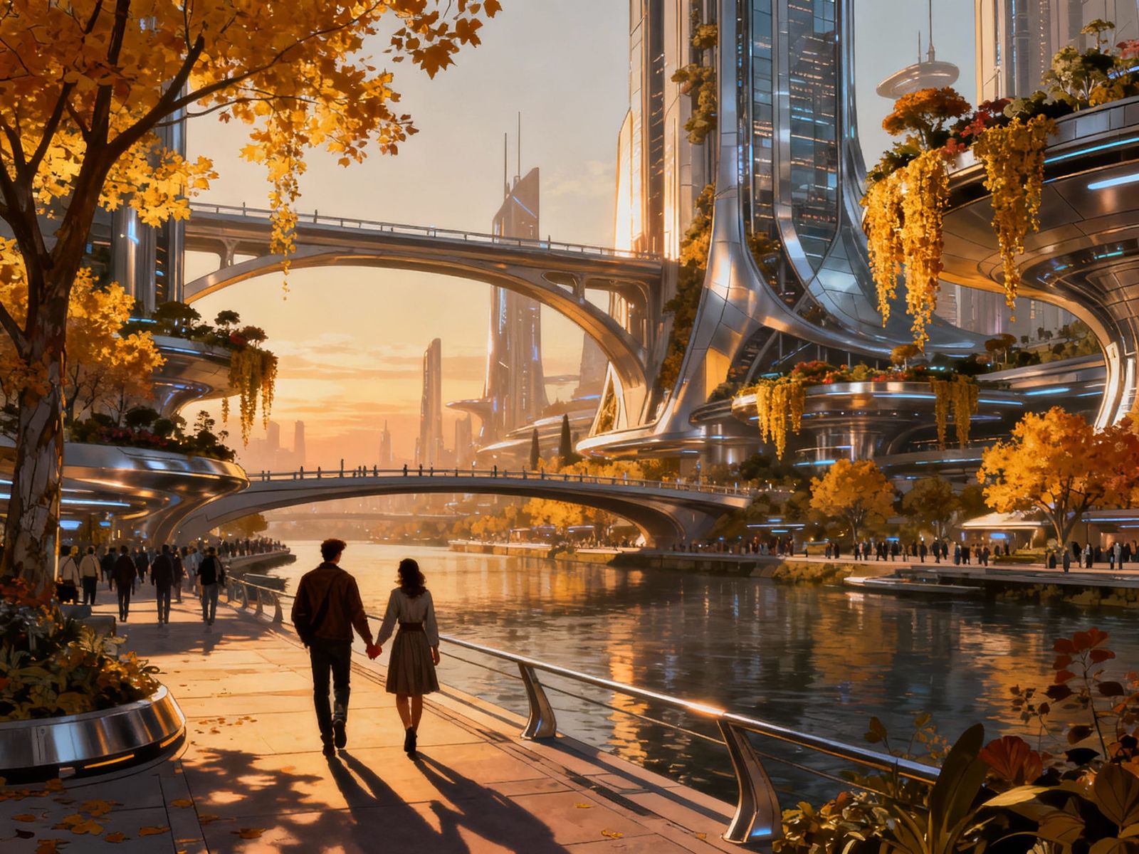 Futuristic Utopian City Riverside Walk at Magic Hour