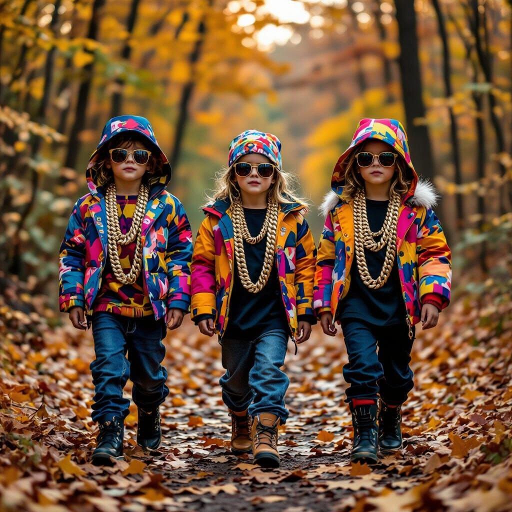 Stylish Kids on Autumn Forest Path
