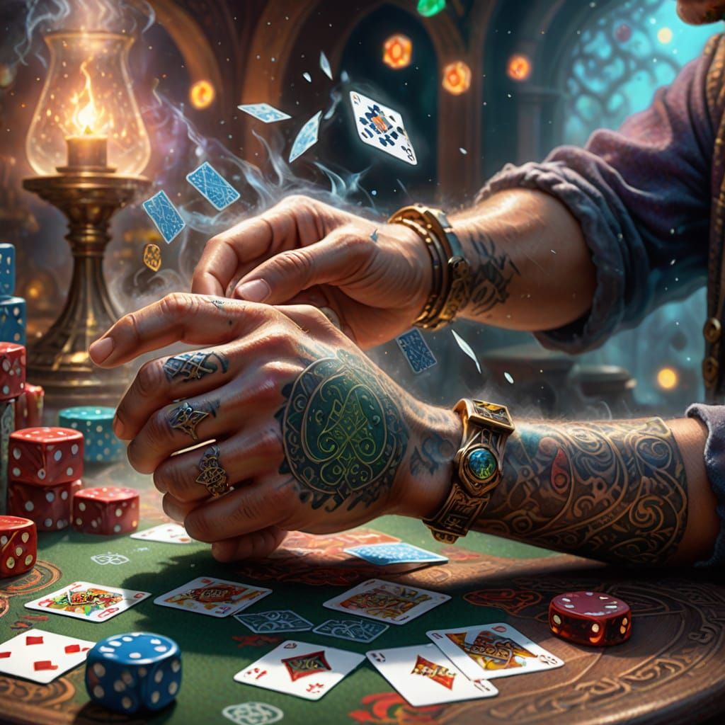 Detailed Tattoo Art of Cards and Dice in Ethereal Style