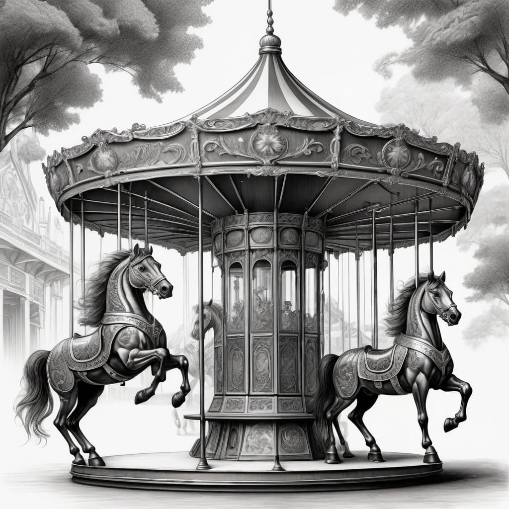 Pencil Sketch of Ornate Carousel Horses in Motion