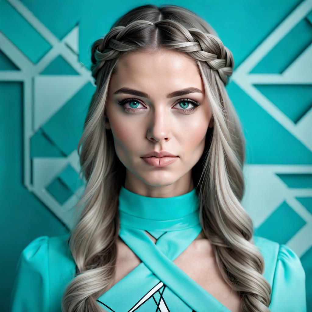 Elegant Woman in Turquoise Dress, Geometric Portrait