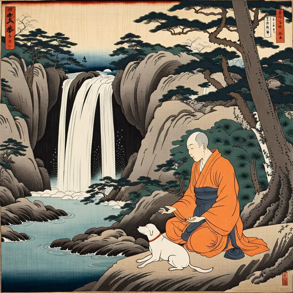 Monk Meditating in Forest: Ukiyo-e Woodblock Print