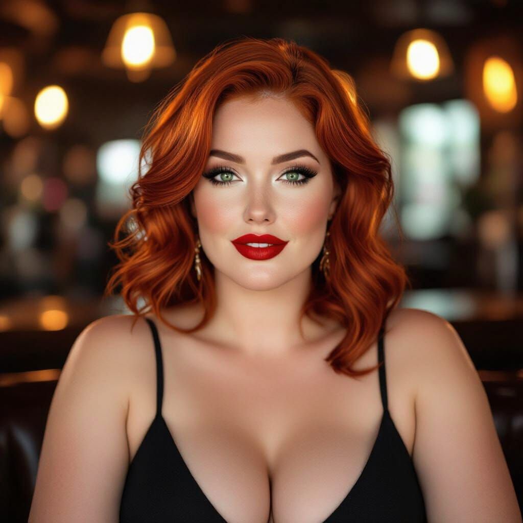 Red-Haired Woman with Green Eyes in a Dimly Lit Bar