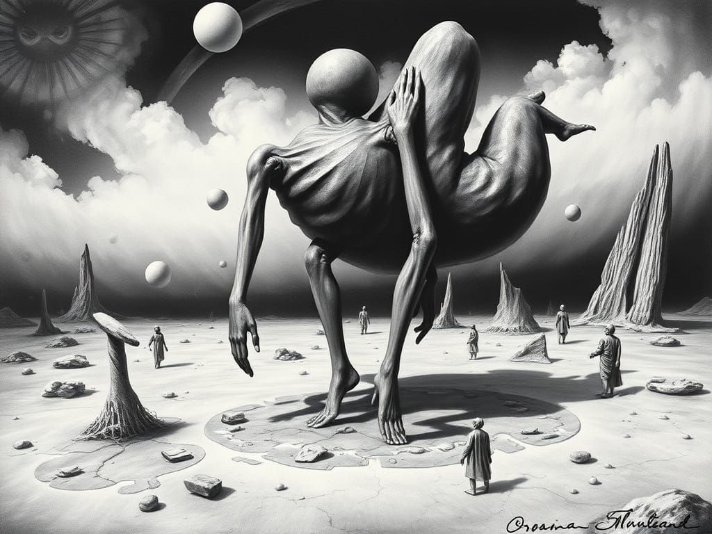 Distorted Realities Converge in Eerie Surrealist Landscape