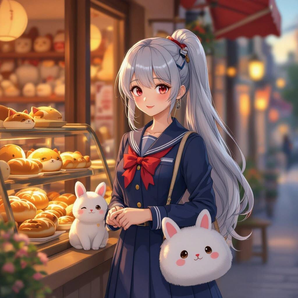 Anime Woman at Bakery with Dog in Romantic Lighting