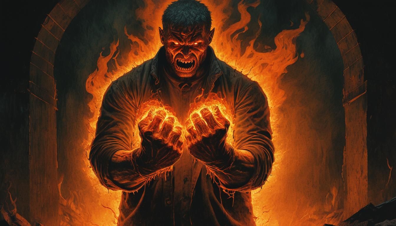 Evil man with demonic fists wrapped in volumetric lighting fire, rust and the pain to come. color corrected underground ...