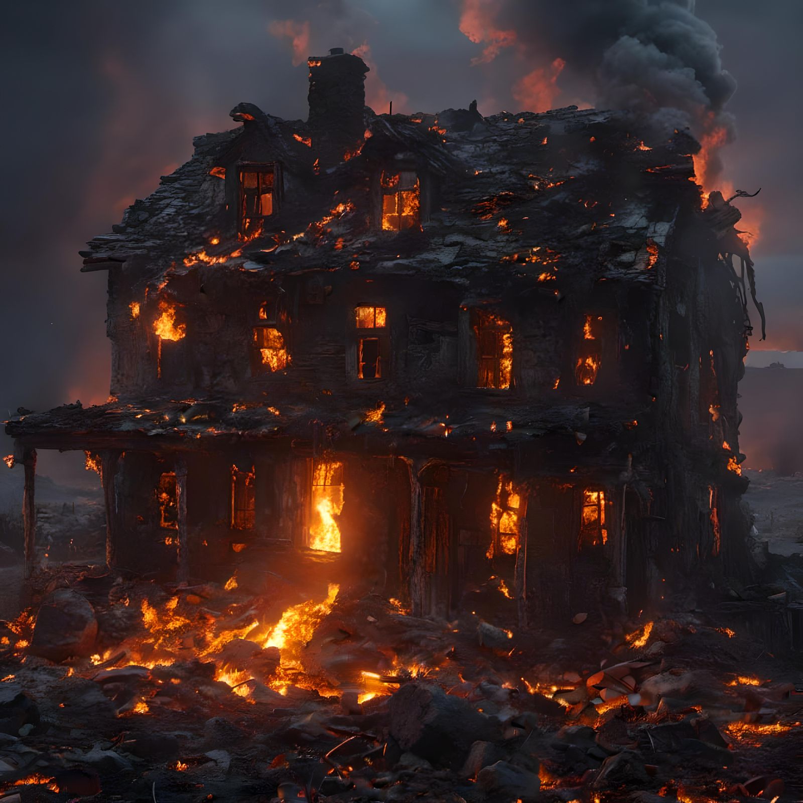 Charred Farmhouse Ruins in Grimdark Style