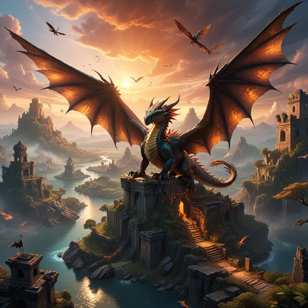 Majestic Dragon Soars Over Fantasy Landscape at Sunset