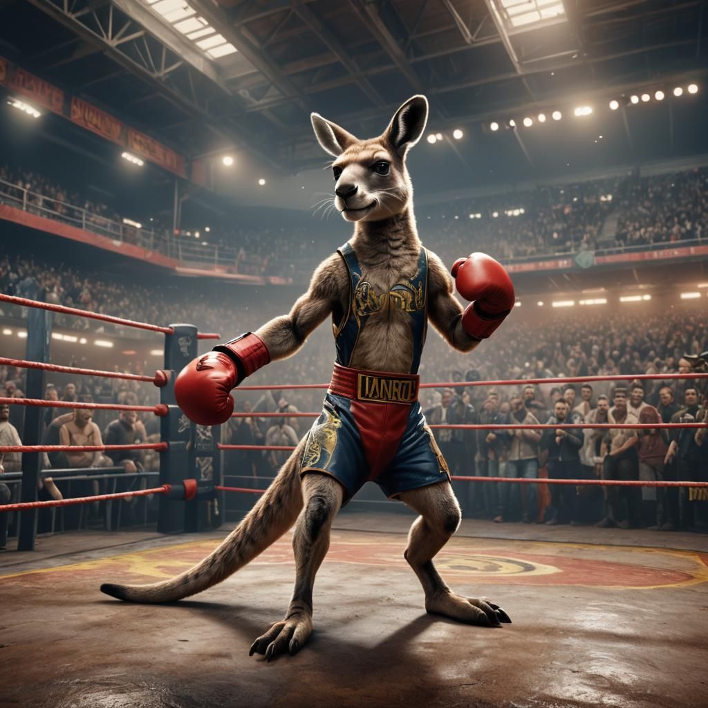 Boxing Kangaroo in Wrestling Ring, Digital Art