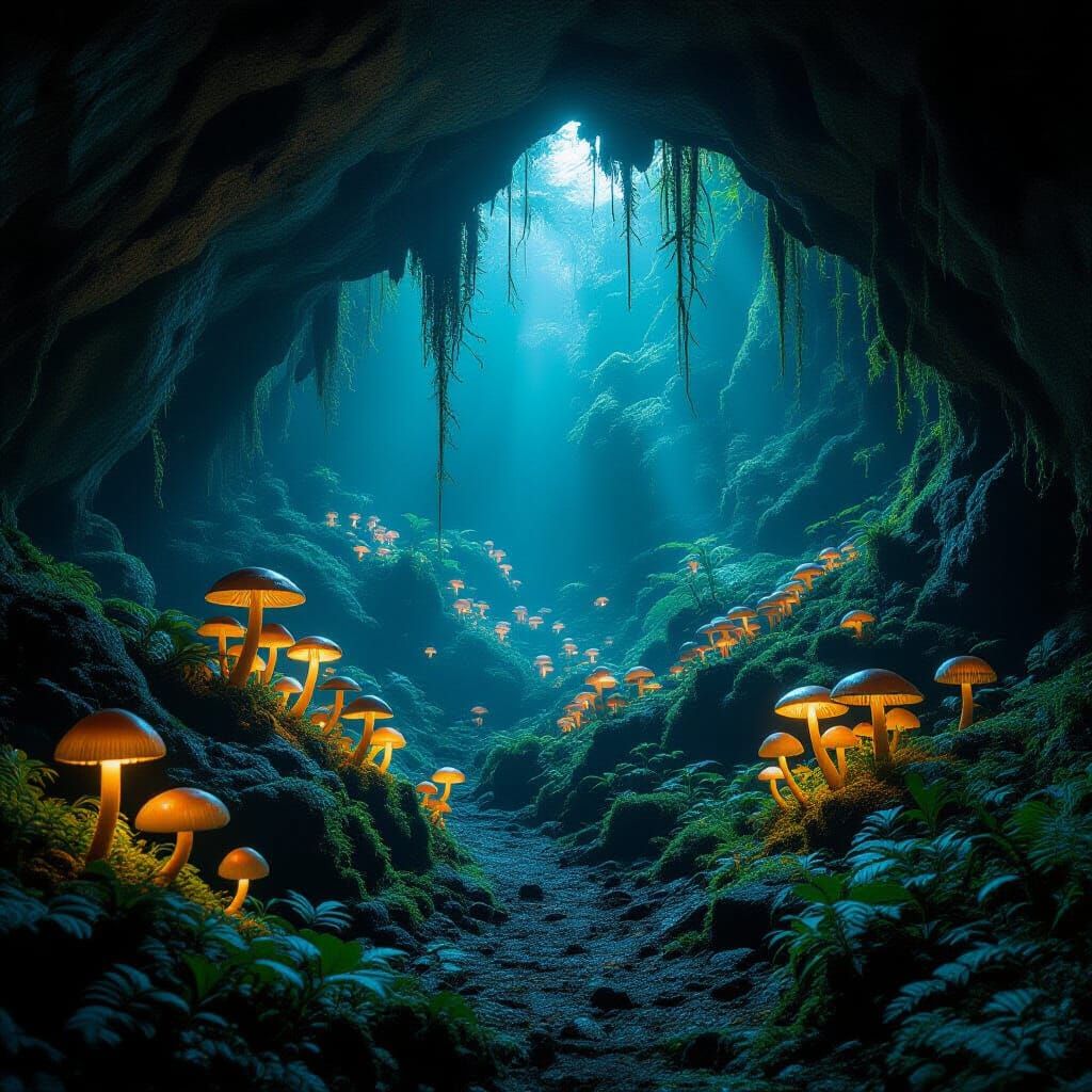 Bioluminescent Cave Jungle With Glowing Mushrooms