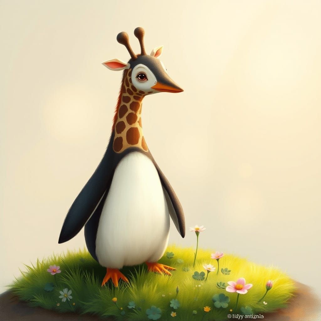Enchanted Penguin Giraffe in a Dreamlike Landscape
