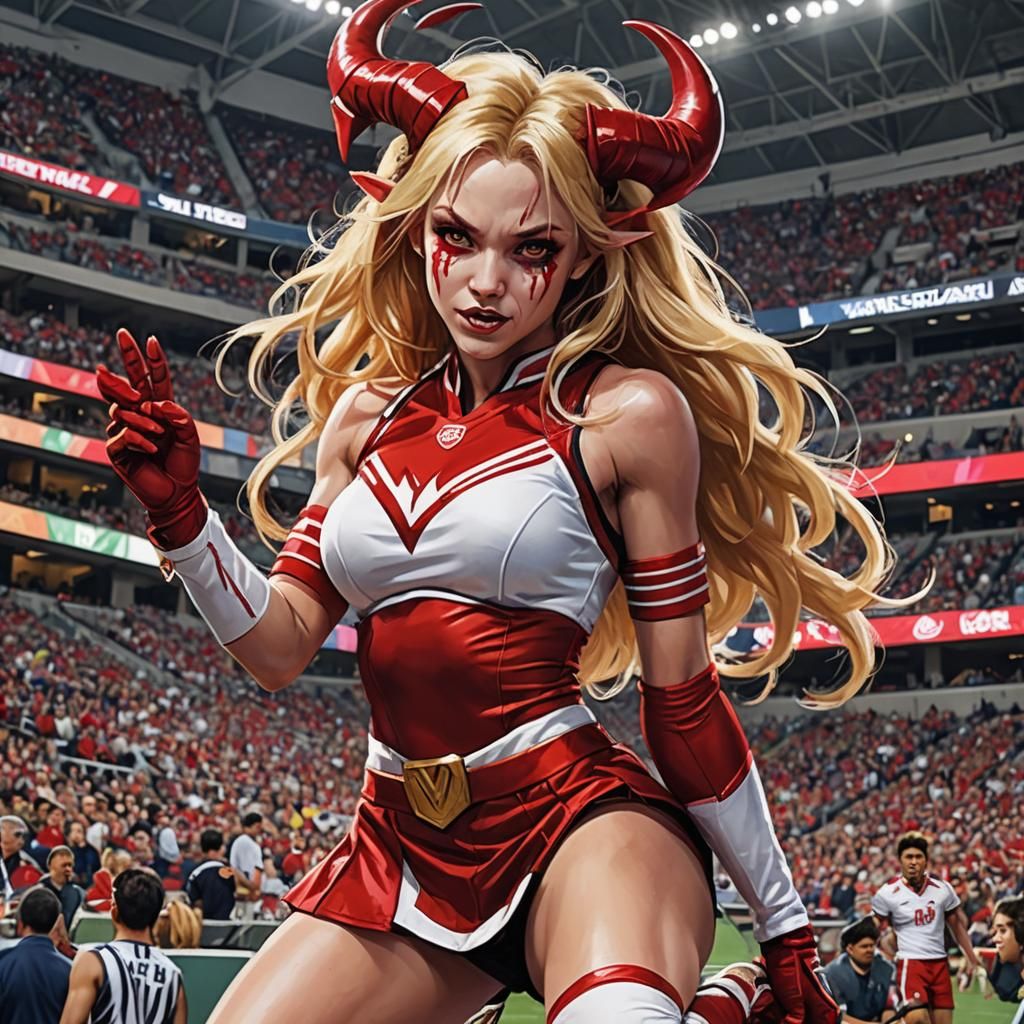 Demonic Cheerleader in Stadium: Photorealistic Digital Art