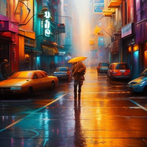 A Man with a Yellow Umbrella on a Rainy Street / Street Phot...