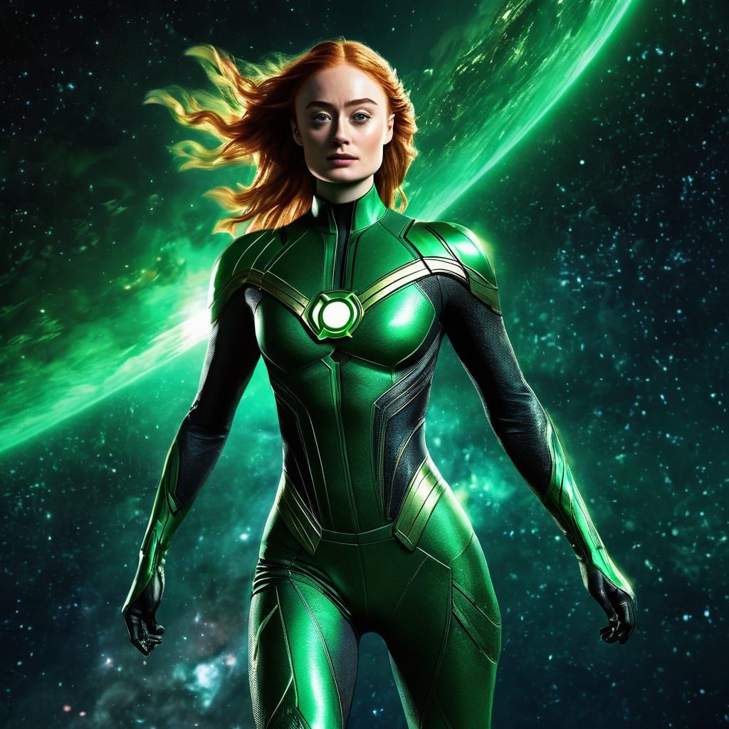full body photo of sophie turner as Green Lantern flying in space, wearing skin-tight shiny green lantern wetsuit, high ...