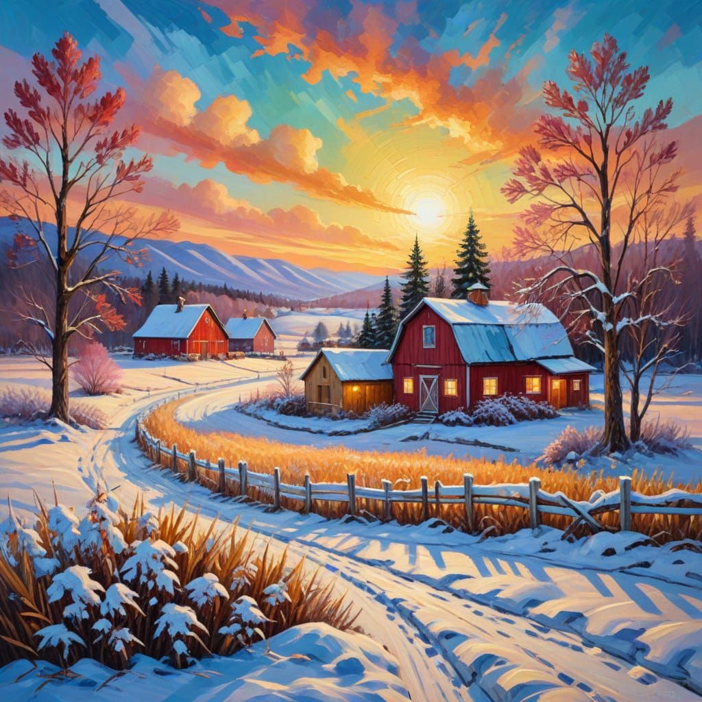 Winter Farm Landscape in Rich Impasto Oil Painting